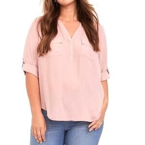 Torrid Top Womens 1X Dusty Pink Harper Georgette Blouse Roll Tab Sleeves V-Neck